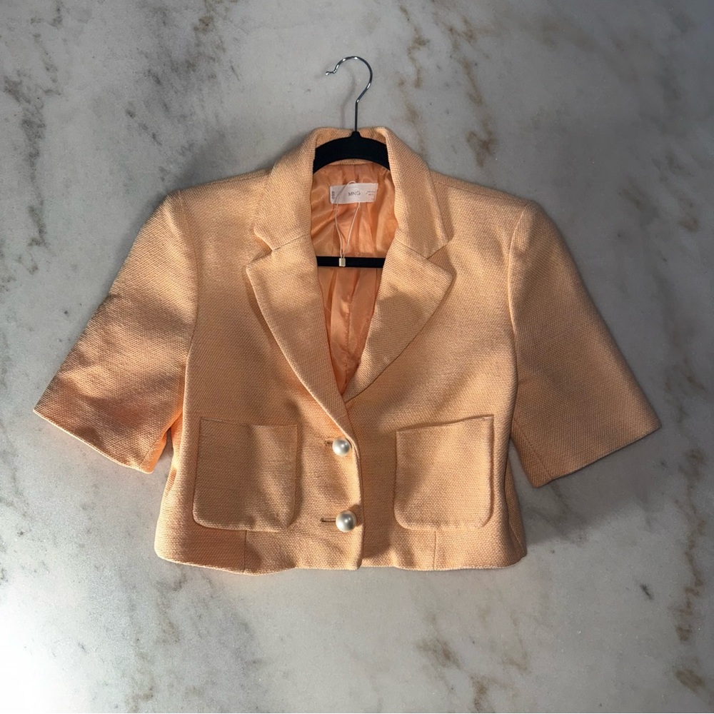 Mango Peach Tweed Cropped Short Sleeve Blazer And Mini Skirt Set Womens XS EUC - Picture 8 of 17